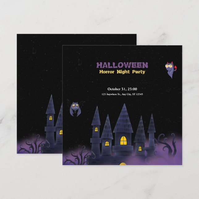 Invitation Halloween violet noir amusant (Rectangle) (Devant / Derrière)