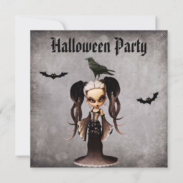 Invitation Halloween Whimsic Frankie Bride et Crow Damask (Devant)