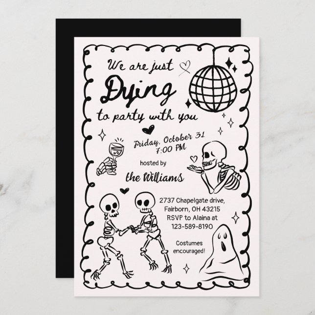 Invitation Halloween Whimsical Quirky Hand Drake Skeleton (Devant / Derrière)