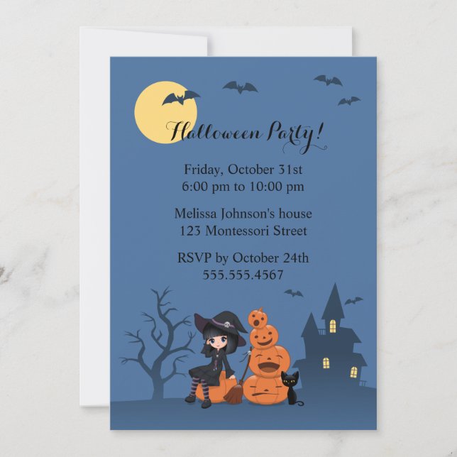 Invitation Halloween Witch, Black Cat et la fête Citrouille (Devant)