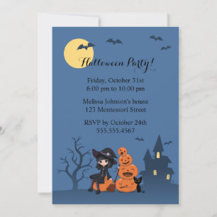 Invitation Halloween Witch, Black Cat et la fête Citrouille