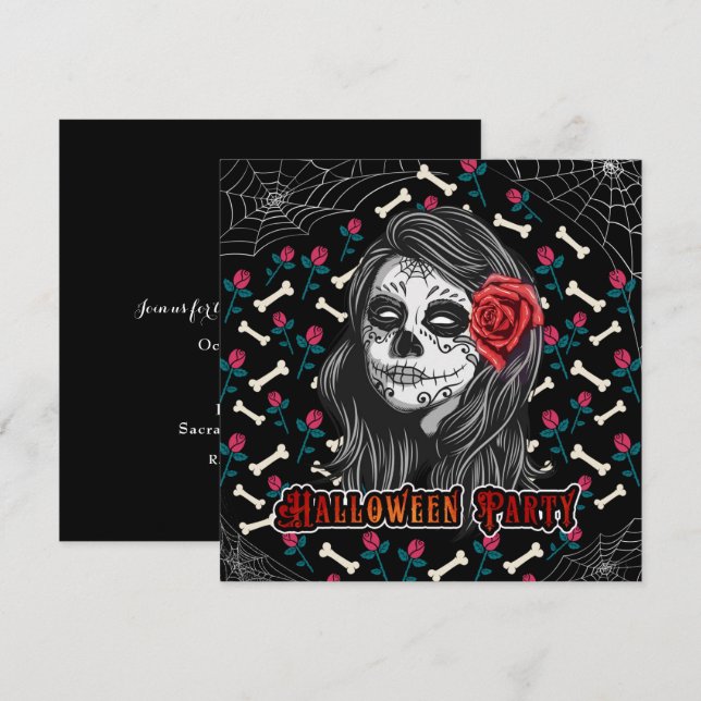 INVITATION HALLOWEWEEN PARTI SUCRE SKULL FILLE & ROSES ROSES  (Devant / Derrière)