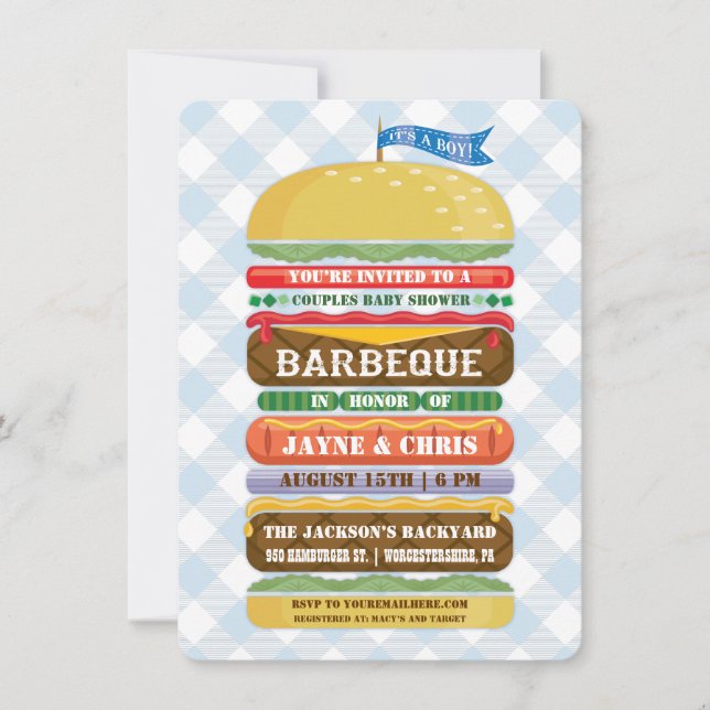 Invitation Hamburger empilé Baby shower garçon Barbecue (Devant)