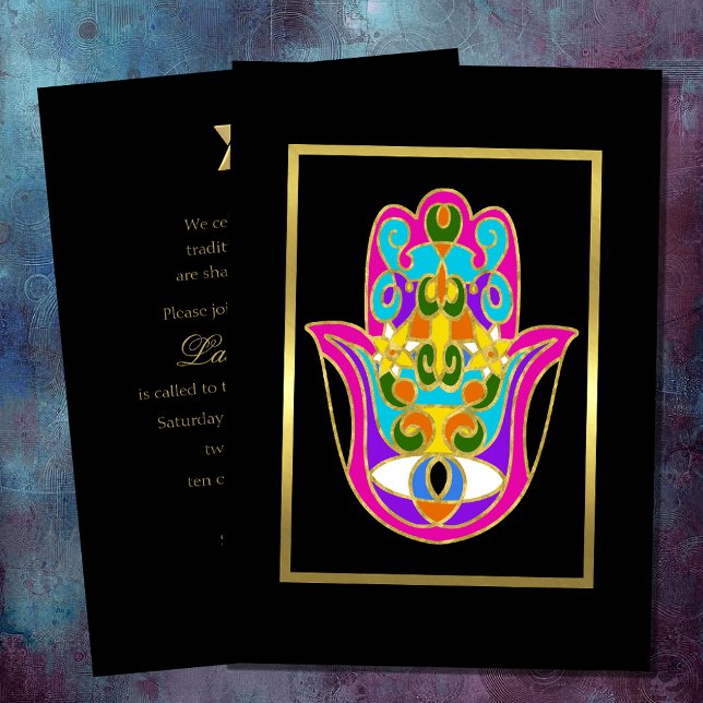Invitation Hamsa coloré bat mitzvah avec finition or (Créateur téléchargé)