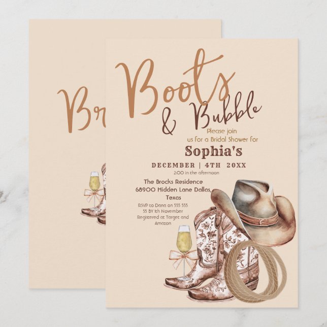 Invitation Hand Draw Boots and Bubbly Bridal Shower (Devant / Derrière)
