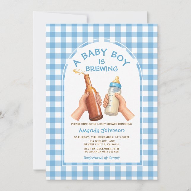Invitation Hand Drawn A baby Boy is brewing coed baby shower (Devant)