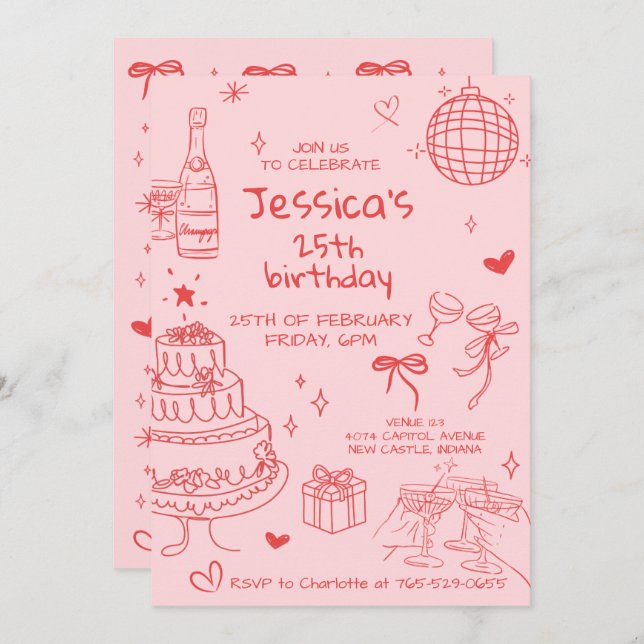 Invitation Hand Drawn Adult Handwritten Scribble Birthday  (Devant / Derrière)