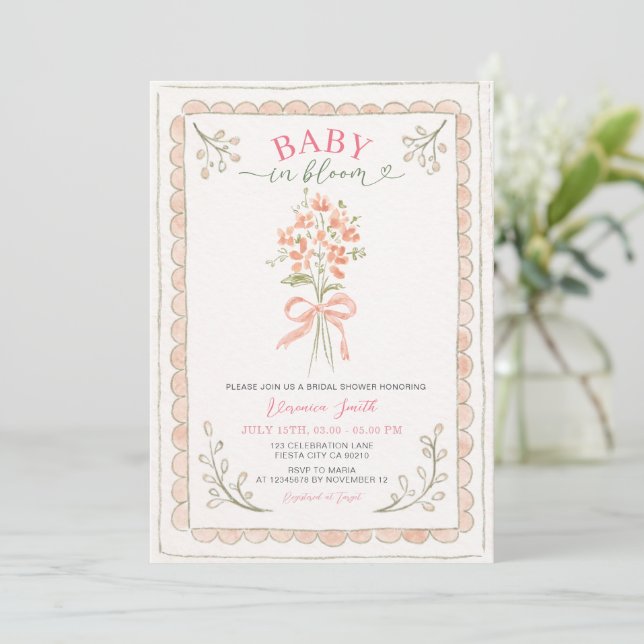 Invitation Hand Drawn Baby in Bloom Baby Shower Invite (Debout devant)