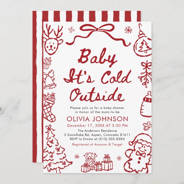 Invitation Hand Drawn Baby It's Cold Outside Baby Shower (Devant / Derrière)