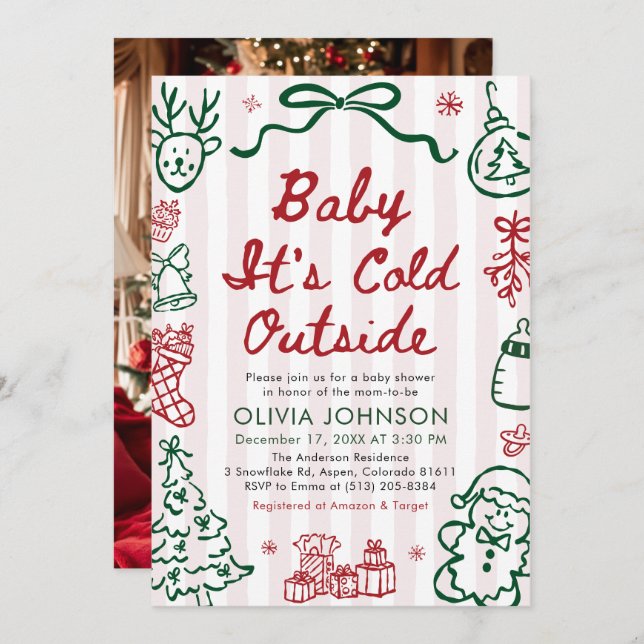 Invitation Hand Drawn Baby It's Cold Outside Baby Shower (Devant / Derrière)
