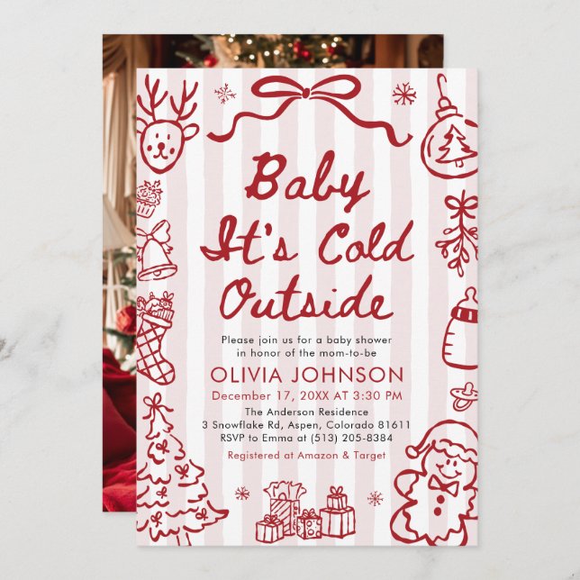 Invitation Hand Drawn Baby It's Cold Outside Baby Shower (Devant / Derrière)