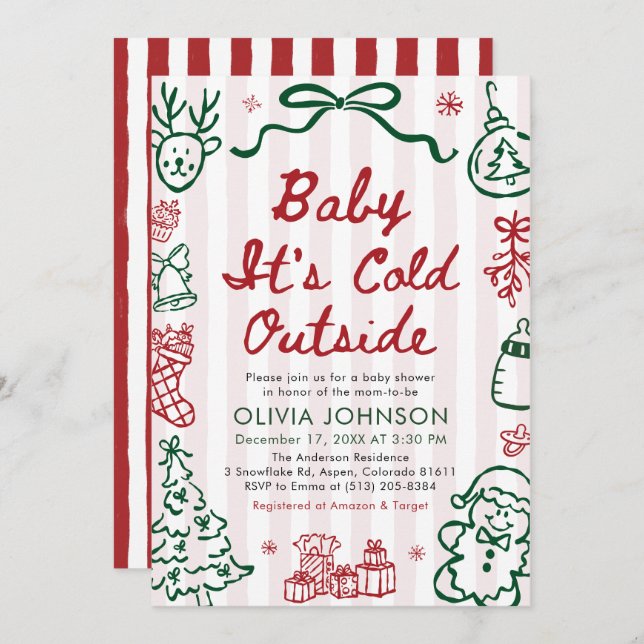 Invitation Hand Drawn Baby It's Cold Outside Baby Shower (Devant / Derrière)