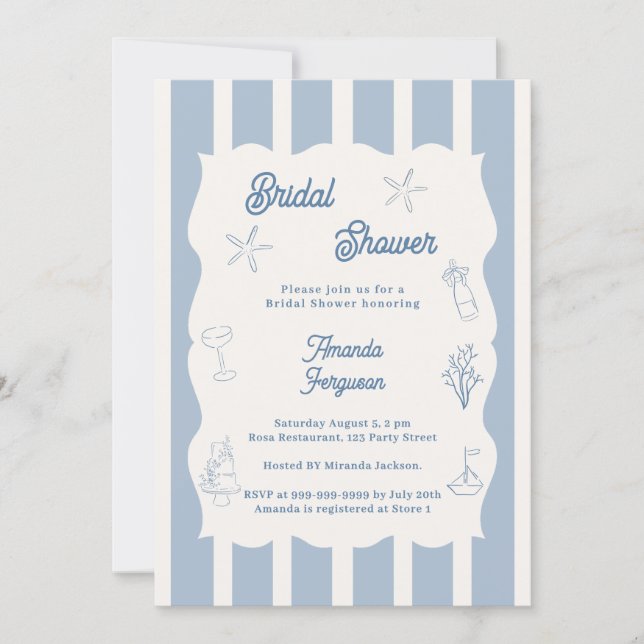 Invitation Hand drawn beach dusty blue ivory Bridal Shower (Devant)