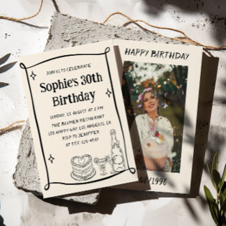 Invitation Hand Drawn Black & Cream 30TH Birthday Photo 
