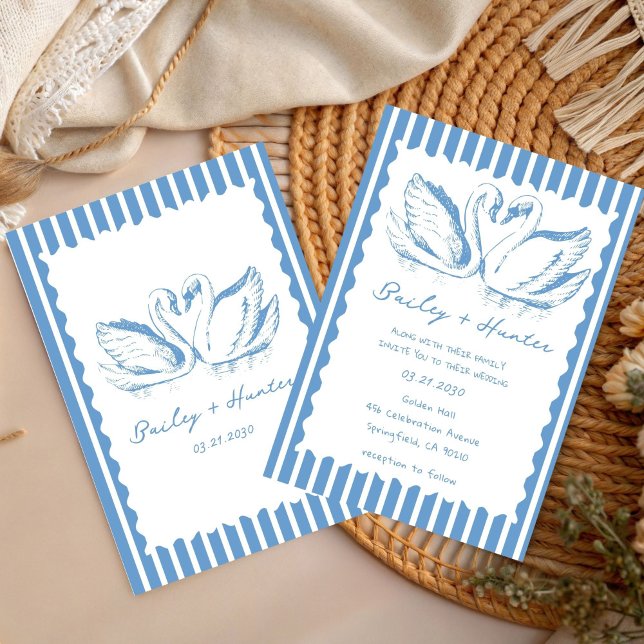 Invitation hand drawn Blue Couple Swan Whimsical Wedding (Créateur téléchargé)