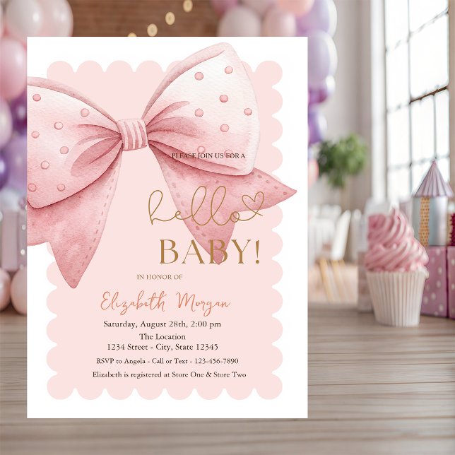 Invitation  Hand Drawn Bow Dots Frame Pink Baby Shower (Créateur téléchargé)