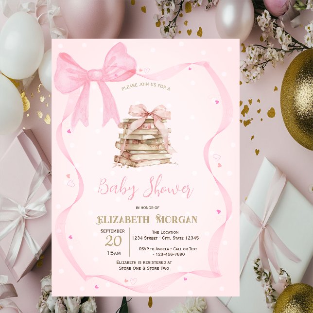Invitation Hand Drawn Bow Frame Books Dots Baby Shower (Créateur téléchargé)