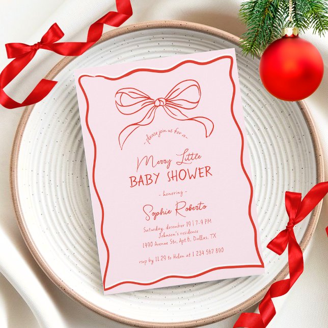 Invitation Hand Drawn Bow Red & Pink Merry Little Baby Shower (Créateur téléchargé)