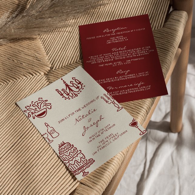 Invitation Hand Drawn Burgundy Romantic All In One Wedding (Créateur téléchargé)