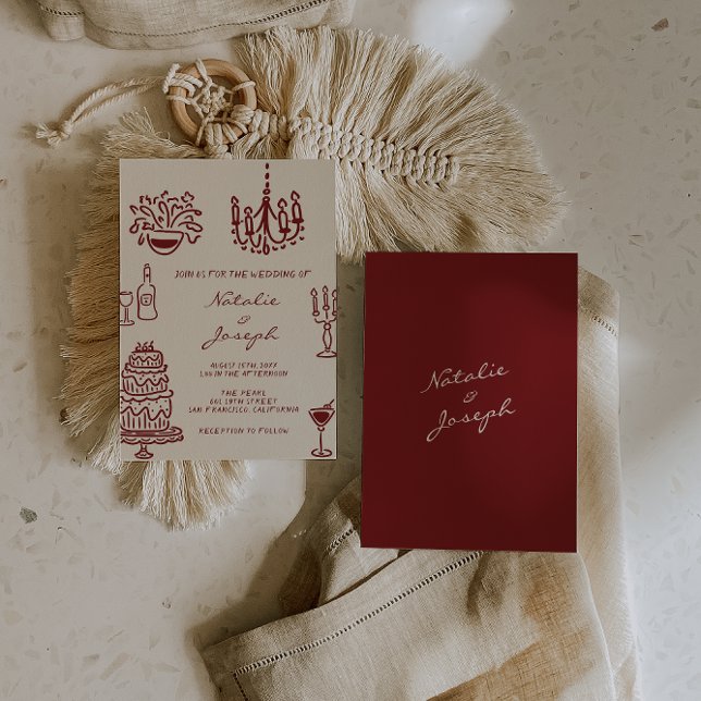 Invitation Hand Drawn Burgundy Romantic Whimsical Wedding (Créateur téléchargé)