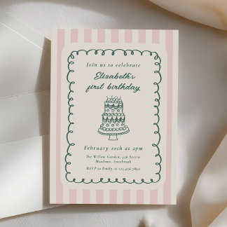 Invitation Hand Drawn Cake Quirky Unique 1st Birthday