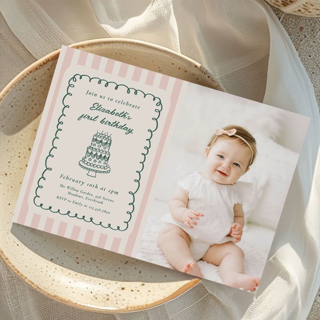 Invitation Hand Drawn Cake Quirky Unique 1st Birthday Photo (Créateur téléchargé)
