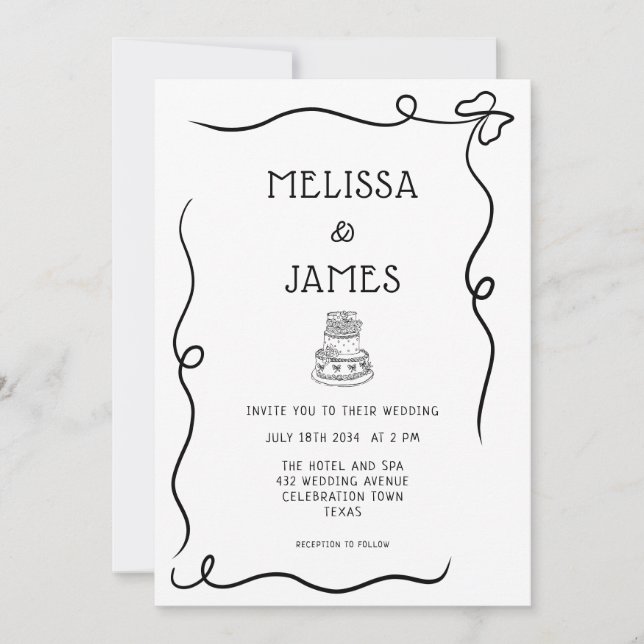 Invitation Hand Drawn Cake Whimsical Wedding (Devant)