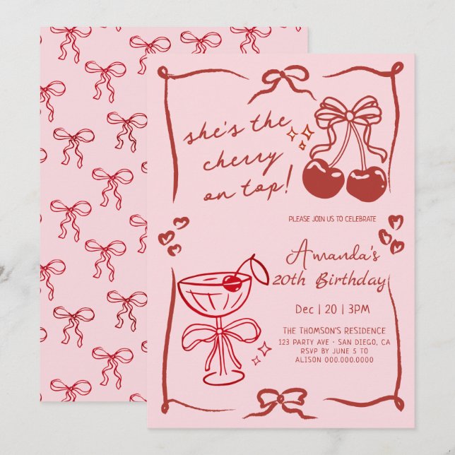 Invitation  hand-drawn cherry martini birthday (Devant / Derrière)
