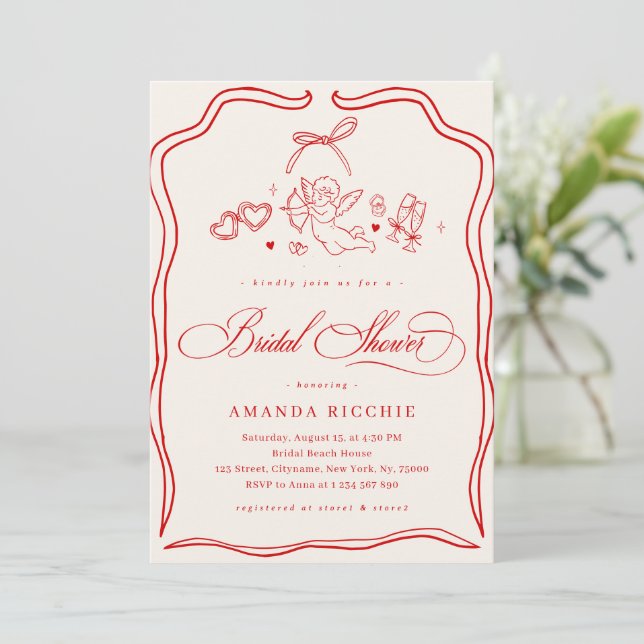 Invitation Hand Drawn Cherub Vintage Cupid Bridal Shower (Debout devant)