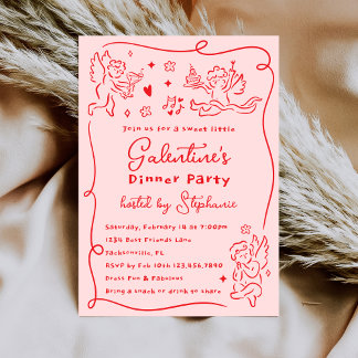 Invitation Hand Drawn Cherubs Pink Red Galentine's Day Party