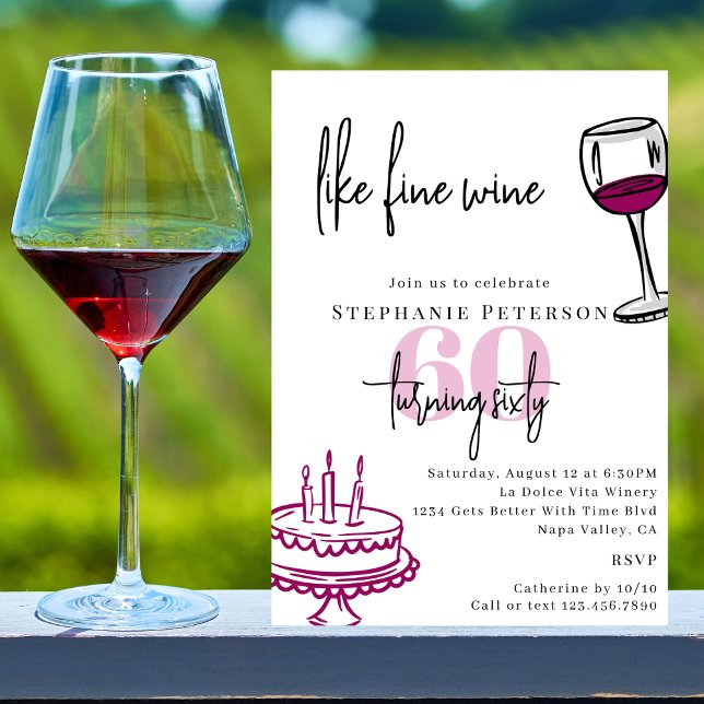 Invitation Hand Drawn Chic Scribble Wine & Cake 60th Birthday (Créateur téléchargé)