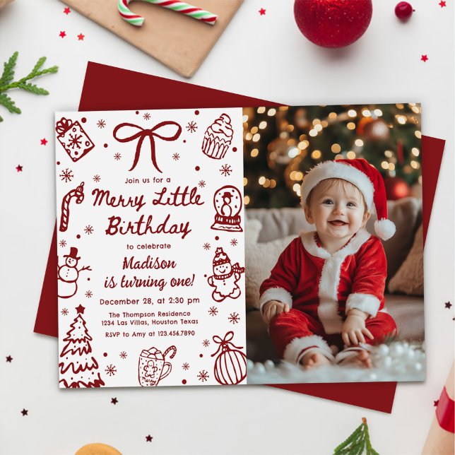 Invitation Hand Drawn Christmas Merry Little Birthday Photo (Créateur téléchargé)