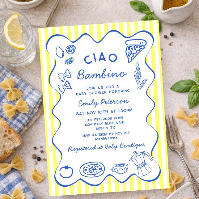 Invitation Hand Drawn Ciao Bambino Italian Boy Baby Shower (Créateur téléchargé)