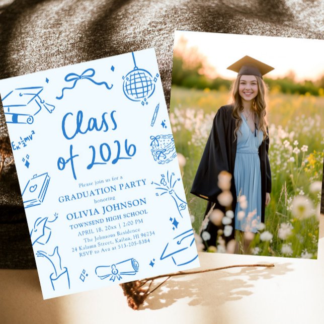 Invitation Hand Drawn Class of 2026 Blue Graduation Party (Hand Drawn Class of 2026 Blue Graduation Party Invitation)