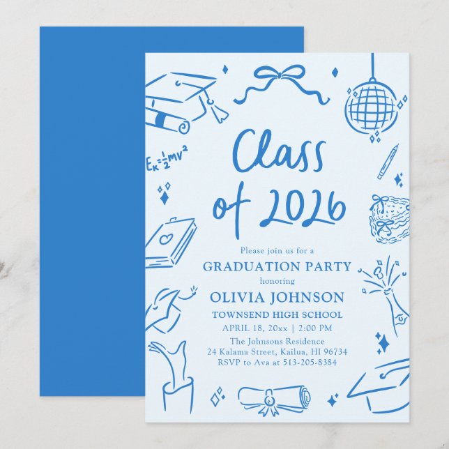 Invitation Hand Drawn Class of 2026 Blue Graduation Party (Devant / Derrière)