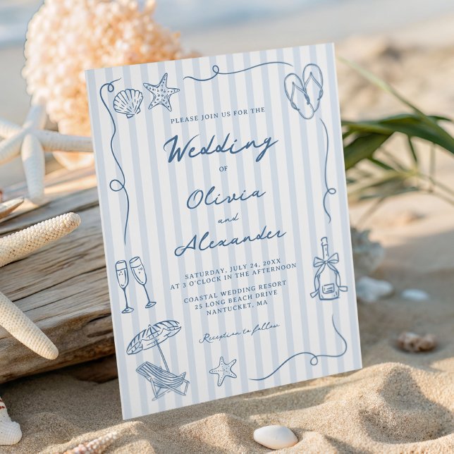 Invitation Hand Drawn Coastal Dusty Blue Beach Wedding (Créateur téléchargé)
