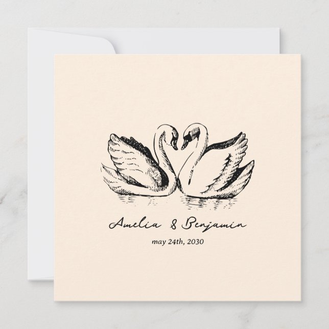 Invitation hand drawn Couple Swan Whimsical Wedding (Devant)