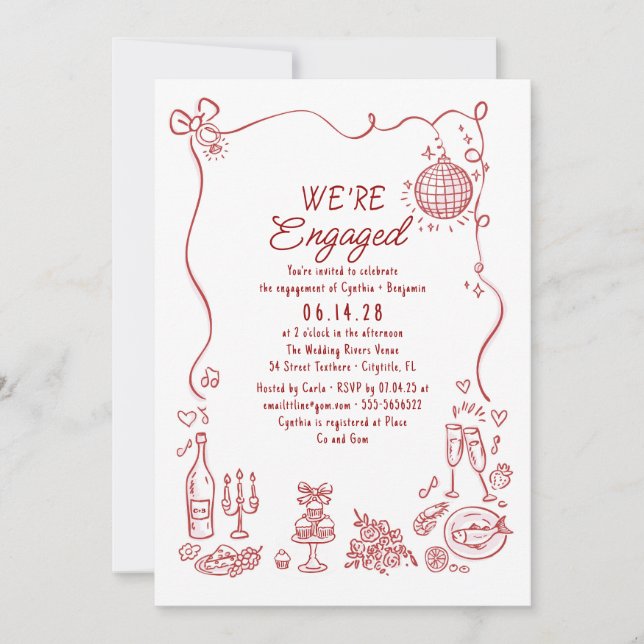 Invitation Hand Drawn Doodle Funky Whimsical Engagement Party (Devant)