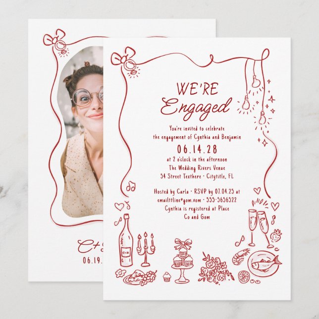 Invitation Hand Drawn Doodle Whimsical Engagement Party Photo (Devant / Derrière)