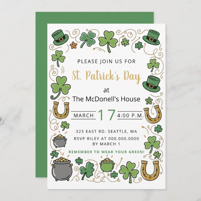 Invitation Hand Drawn Doodle Whimsical St Patricks Day  (Devant / Derrière)