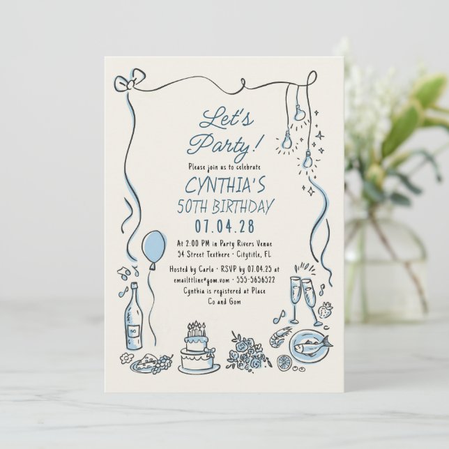 Invitation Hand Drawn Doodles Whimsical Quirky Adult Birthday (Debout devant)