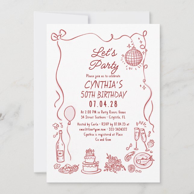 Invitation Hand Drawn Doodles Whimsical Quirky Adult Birthday (Devant)