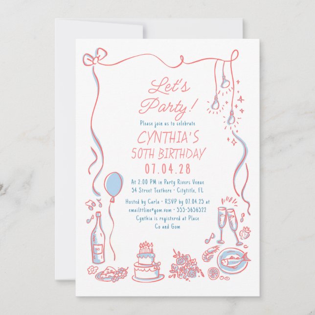 Invitation Hand Drawn Doodles Whimsical Quirky Adult Birthday (Devant)