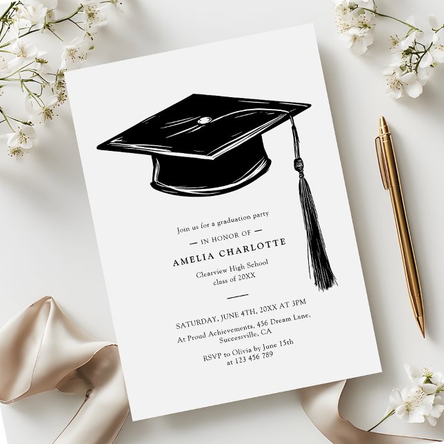 Invitation Hand Drawn Graduation Cap Elegant Grad Party (Créateur téléchargé)