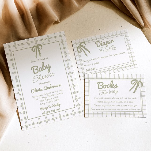Invitation Hand Drawn Green Bow Gingham Neutral Baby Shower (Créateur téléchargé)