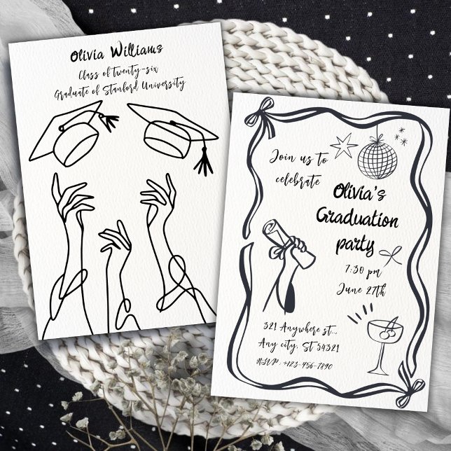 Invitation Hand Drawn Minimalist Black White Graduation Party (Créateur téléchargé)