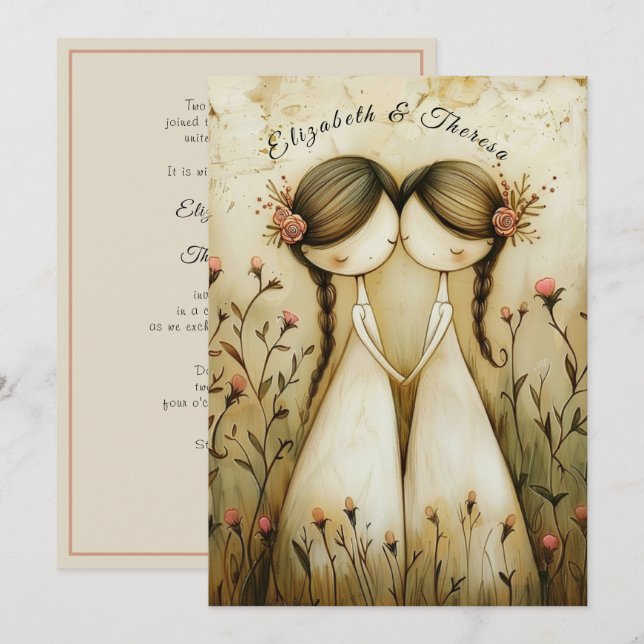 Invitation Hand Drawn Pencil Illustration Two Brides Wedding (Devant / Derrière)