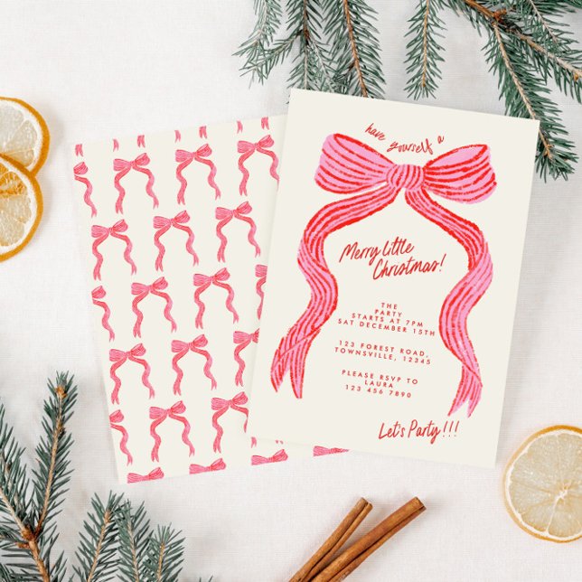 Invitation Hand Drawn Pink and Red Bow Christmas Party (Créateur téléchargé)
