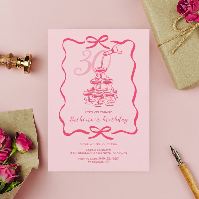 Invitation Hand Drawn Pink Champagne 30th Birthday Party (Créateur téléchargé)
