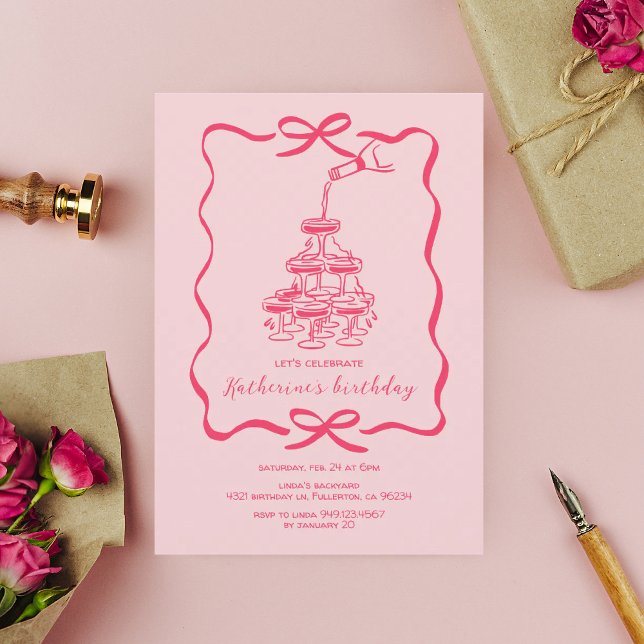 Invitation Hand Drawn Pink Champagne Tower Birthday Party (Créateur téléchargé)